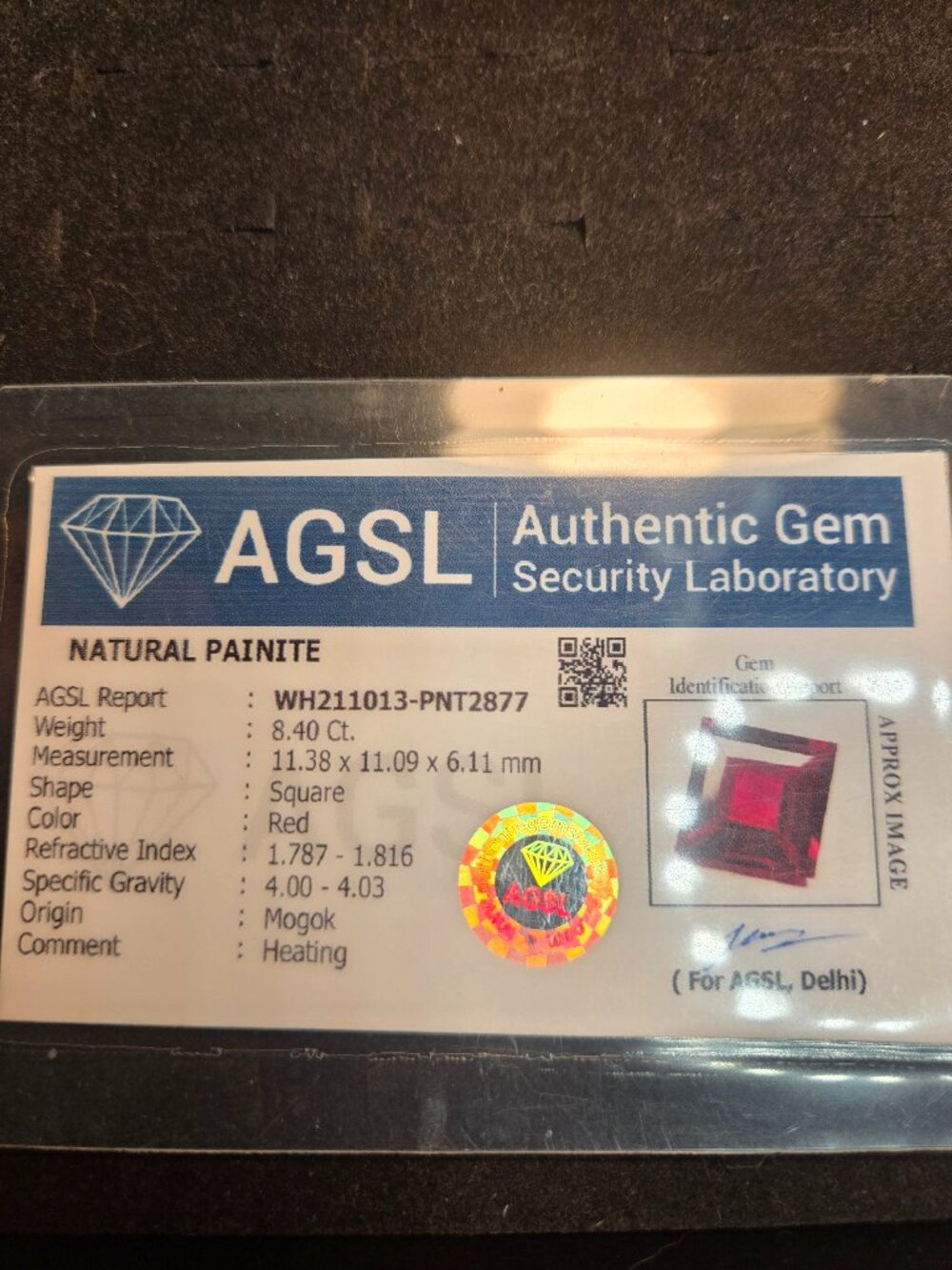 Rare Natural MOGOK Painite 8.40 ct with AGSL ID card